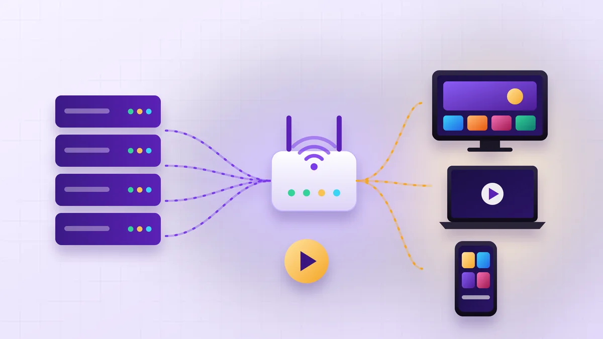 Esquema ilustrado de cómo llega la señal de IPTV desde los servidores al router y a la televisión, el portátil y el móvil